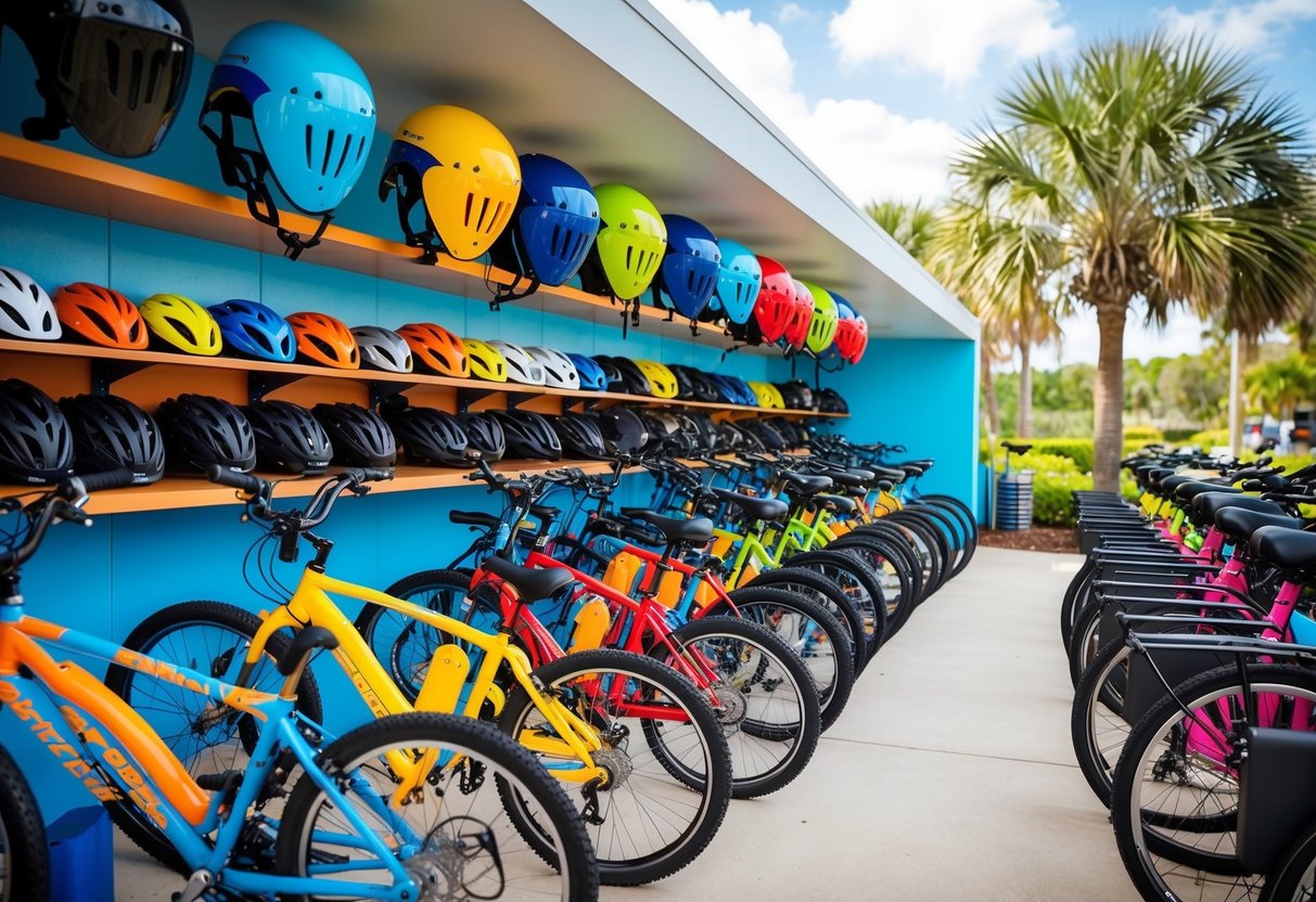 A bike rental shop with rows of colorful bikes, shelves of helmets, and racks of sun protection gear for Florida's trails