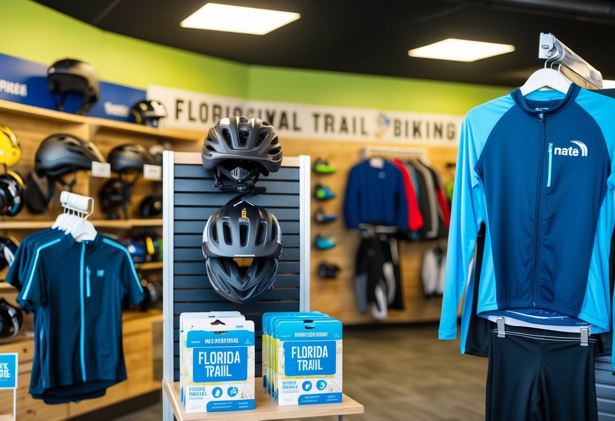 A bike rental shop with helmets, sunscreen, and lightweight, long-sleeved clothing on display for Florida trail biking