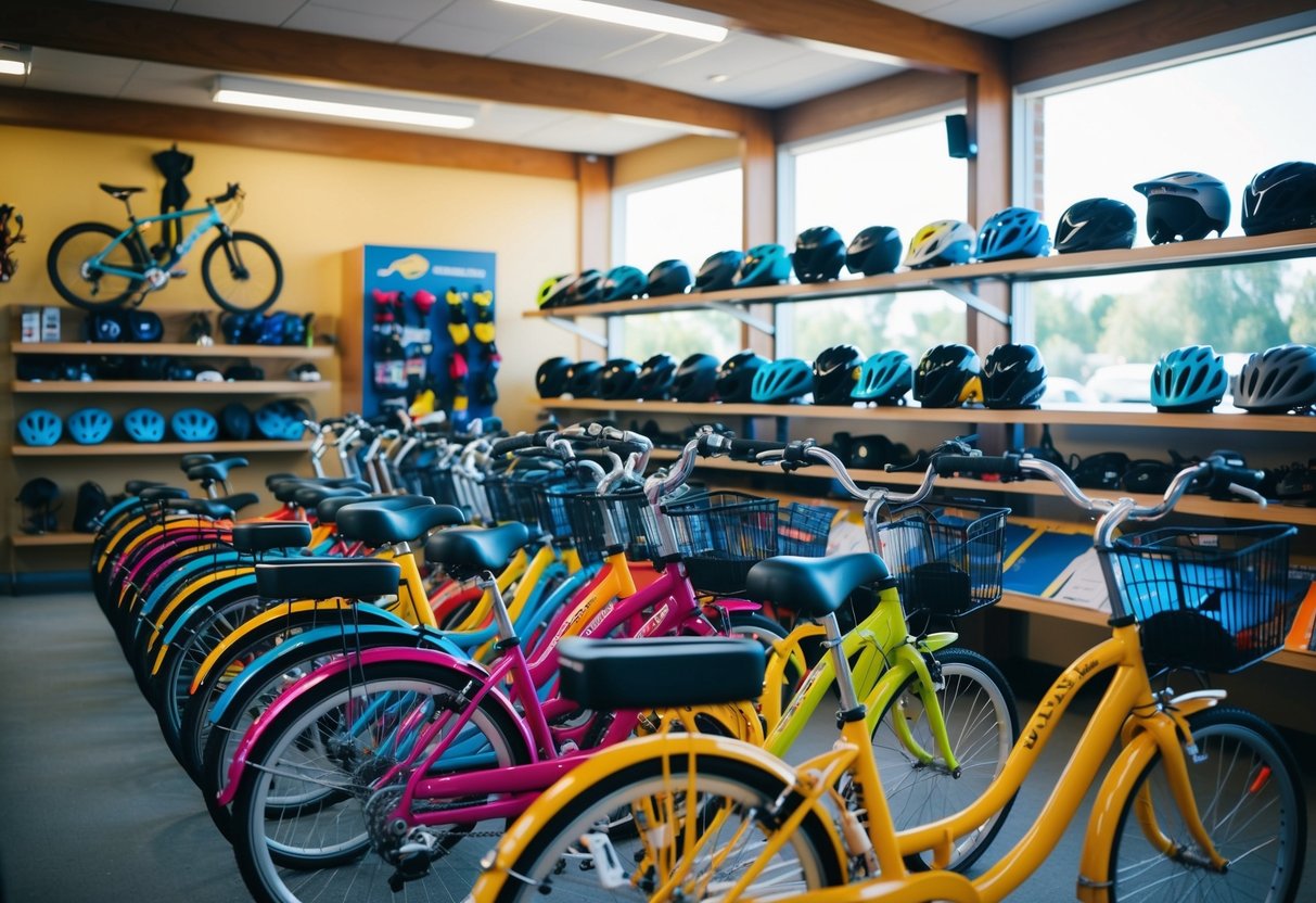 A bike rental shop with rows of colorful bikes, shelves of helmets, and a display of sun protection gear