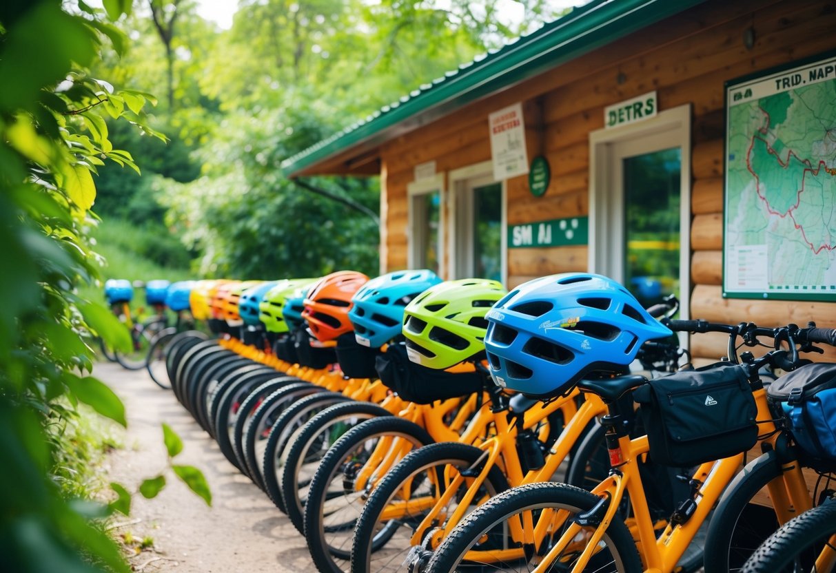 A bike rental shop with rows of colorful helmets and sun protection gear, surrounded by lush greenery and a trail map on the wall