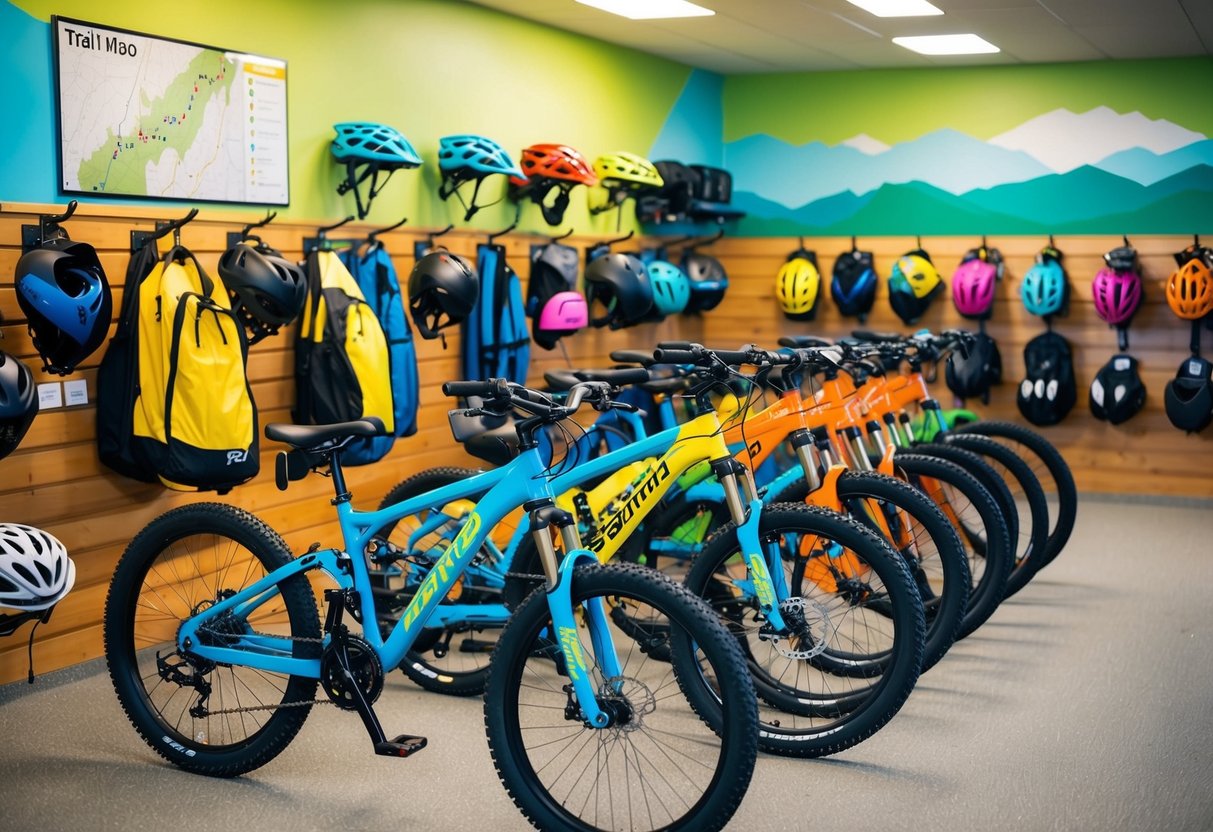 A bike rental shop with rows of colorful bikes, helmets, and sun protection gear displayed on racks, with a trail map on the wall