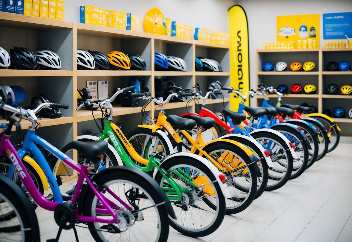 A bike rental shop with rows of colorful bikes, shelves of helmets, and a display of sun protection gear