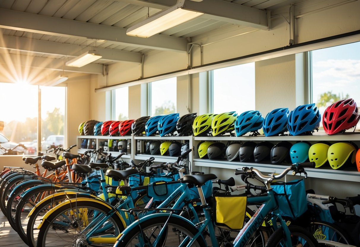 A bike rental shop with rows of bikes, helmets, and sun protection gear displayed on shelves. Sunshine streams through the windows onto the colorful equipment