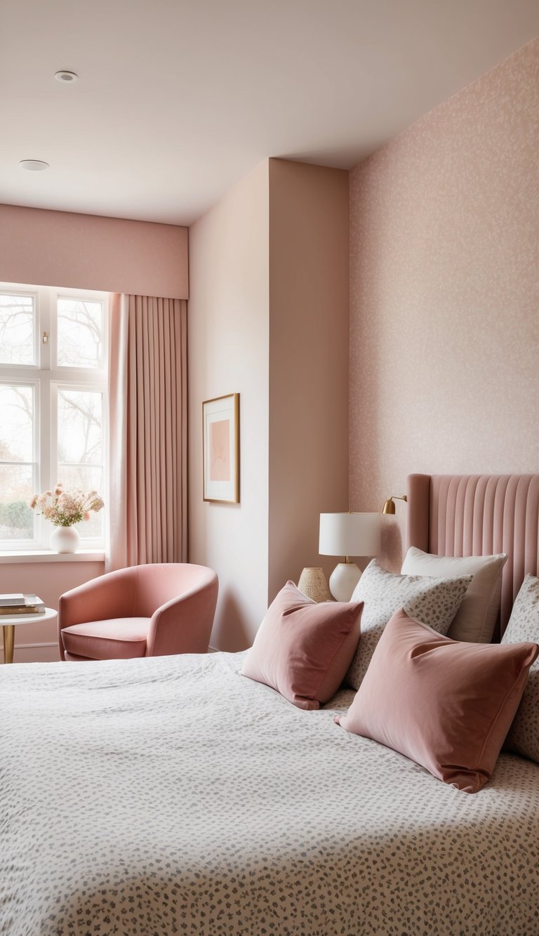 A cozy bedroom with pastel wallpaper, soft lighting, and patterned bedding
