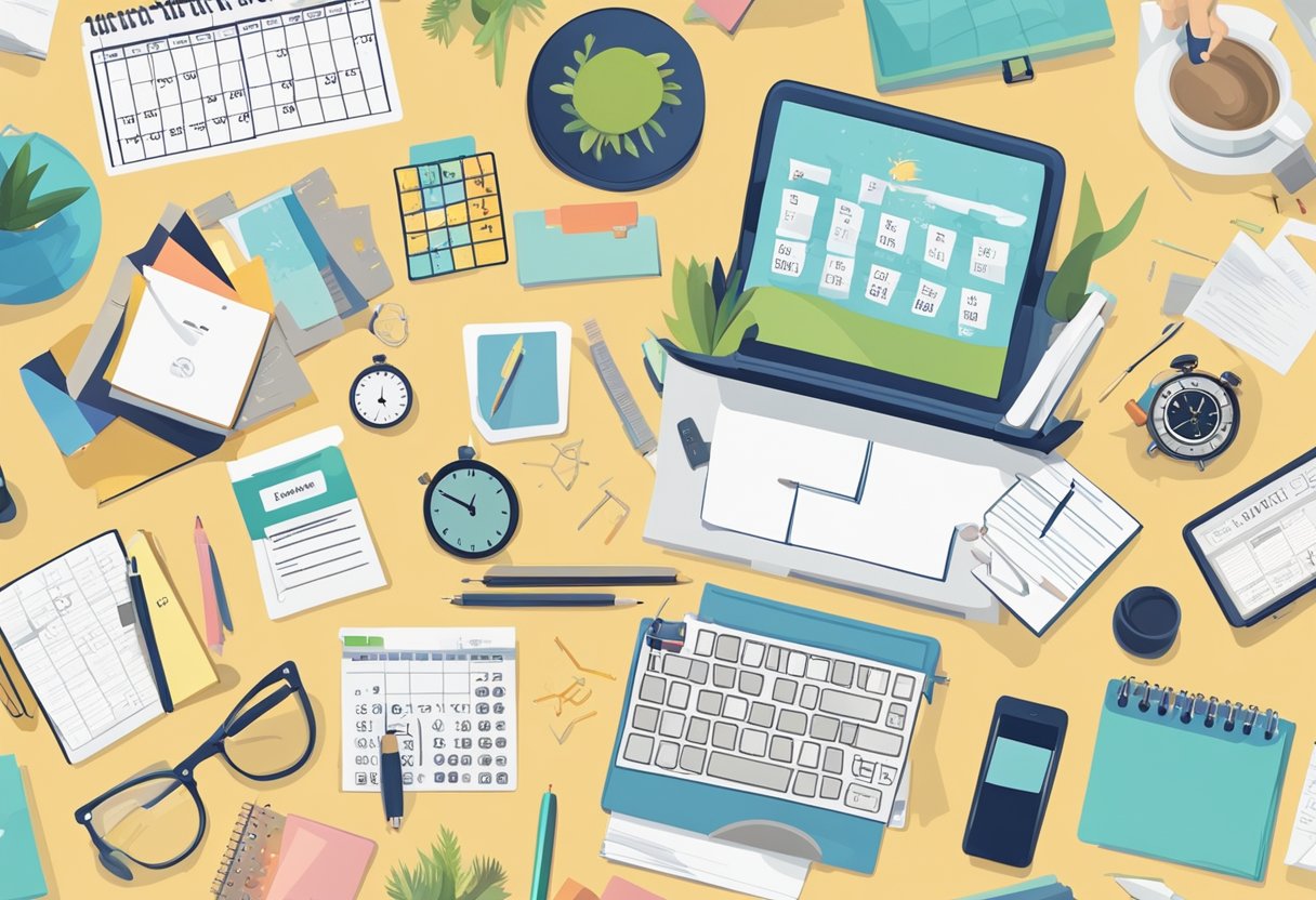 A cluttered desk with a calendar, to-do list, and a clock, surrounded by motivational quotes and images of productive activities