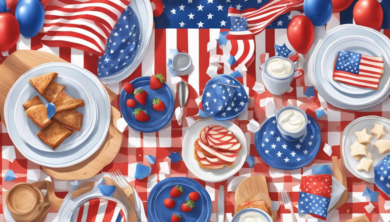 A table set with red, white, and blue Texas-inspired dishes, surrounded by festive decorations for a Fourth of July gathering