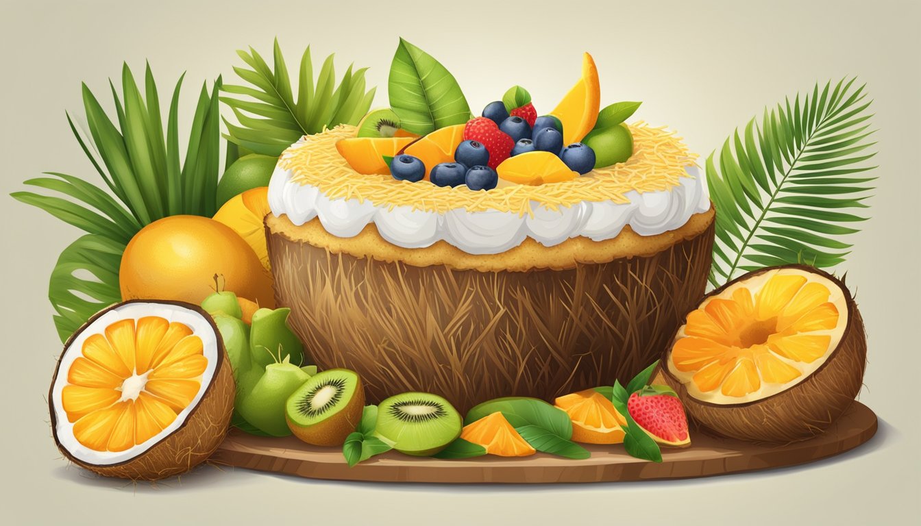 A coconut semolina cake surrounded by tropical fruits and traditional cultural symbols