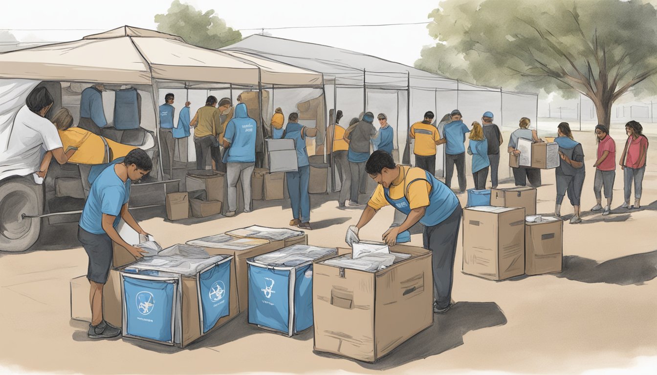 A group of volunteers setting up a welcoming station with supplies and signs for Afghan refugees in Texas