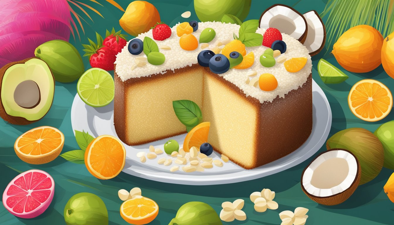 A coconut semolina cake surrounded by fresh coconuts, semolina grains, and a variety of colorful fruits, highlighting its nutritious and delicious qualities