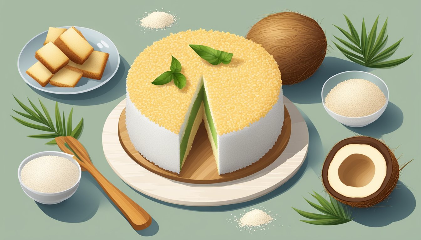 A coconut semolina cake surrounded by fresh coconuts, semolina grains, and a variety of nutritious ingredients