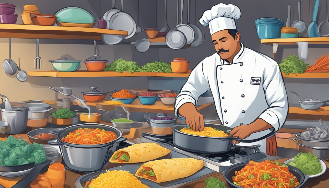 A chef in a bustling San Antonio kitchen prepares puffy tacos, surrounded by colorful ingredients and sizzling pans