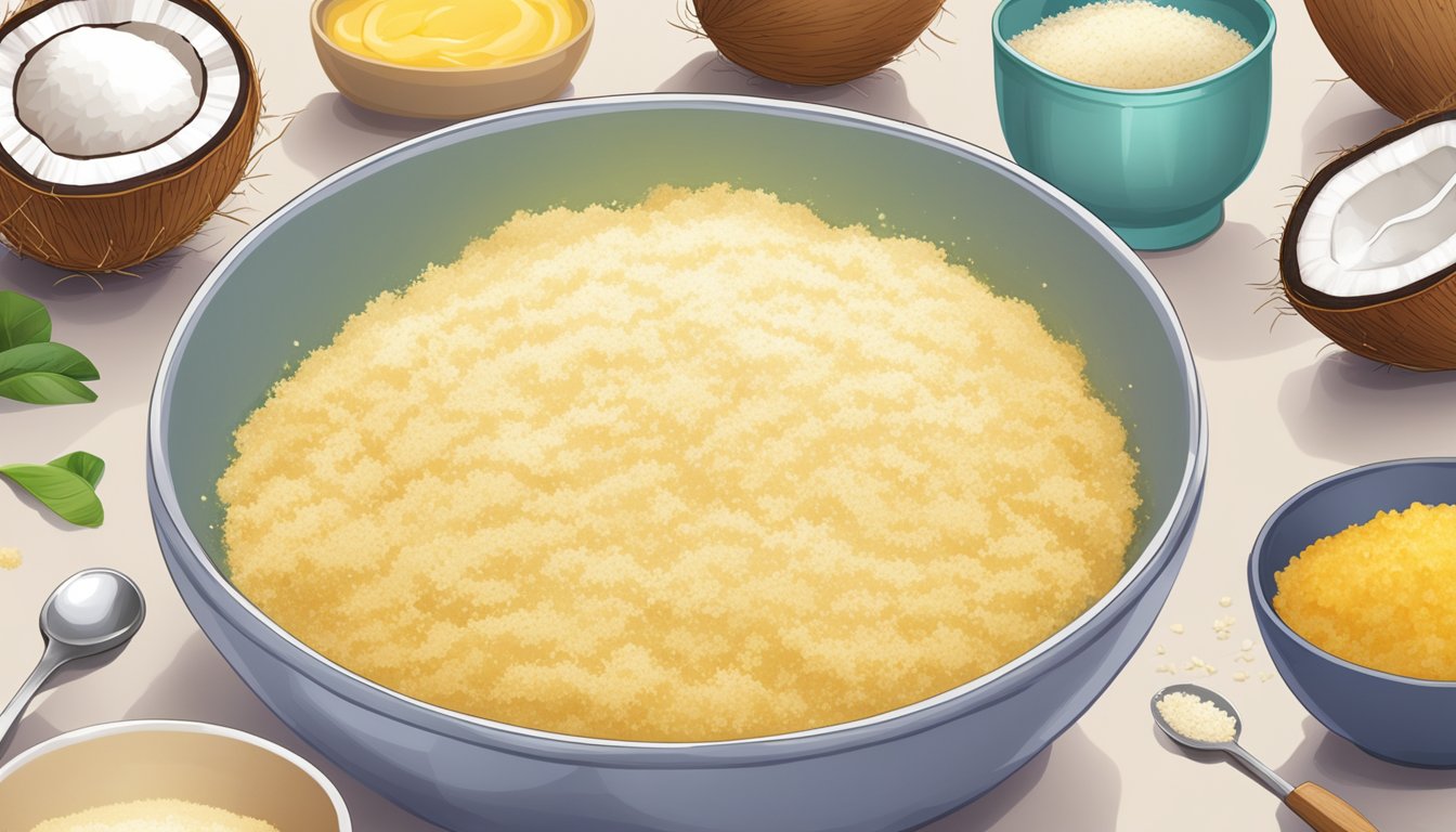 Aunt's coconut semolina cake being mixed in a bowl, ingredients scattered around