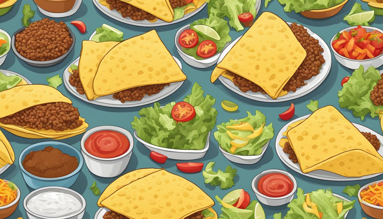 A colorful array of ingredients for puffy tacos: ground beef, lettuce, tomatoes, cheese, salsa, and freshly made taco shells