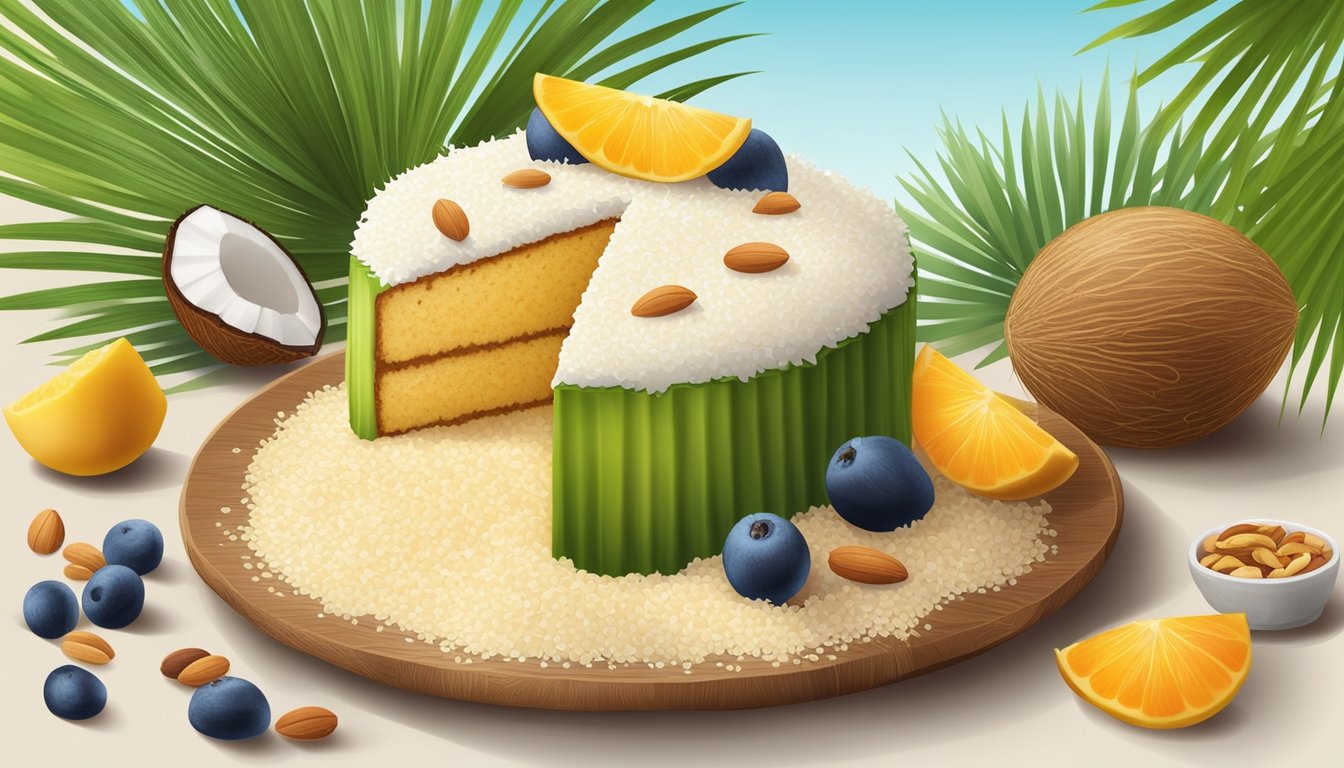 A coconut semolina cake surrounded by fresh coconuts, semolina grains, and a variety of nuts and fruits