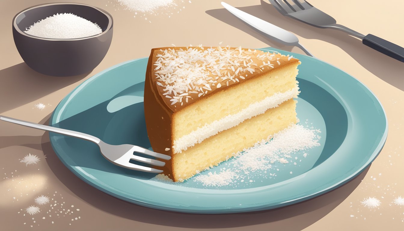 A slice of coconut semolina cake on a plate with a fork beside it, surrounded by fresh coconut shavings and a sprinkle of powdered sugar