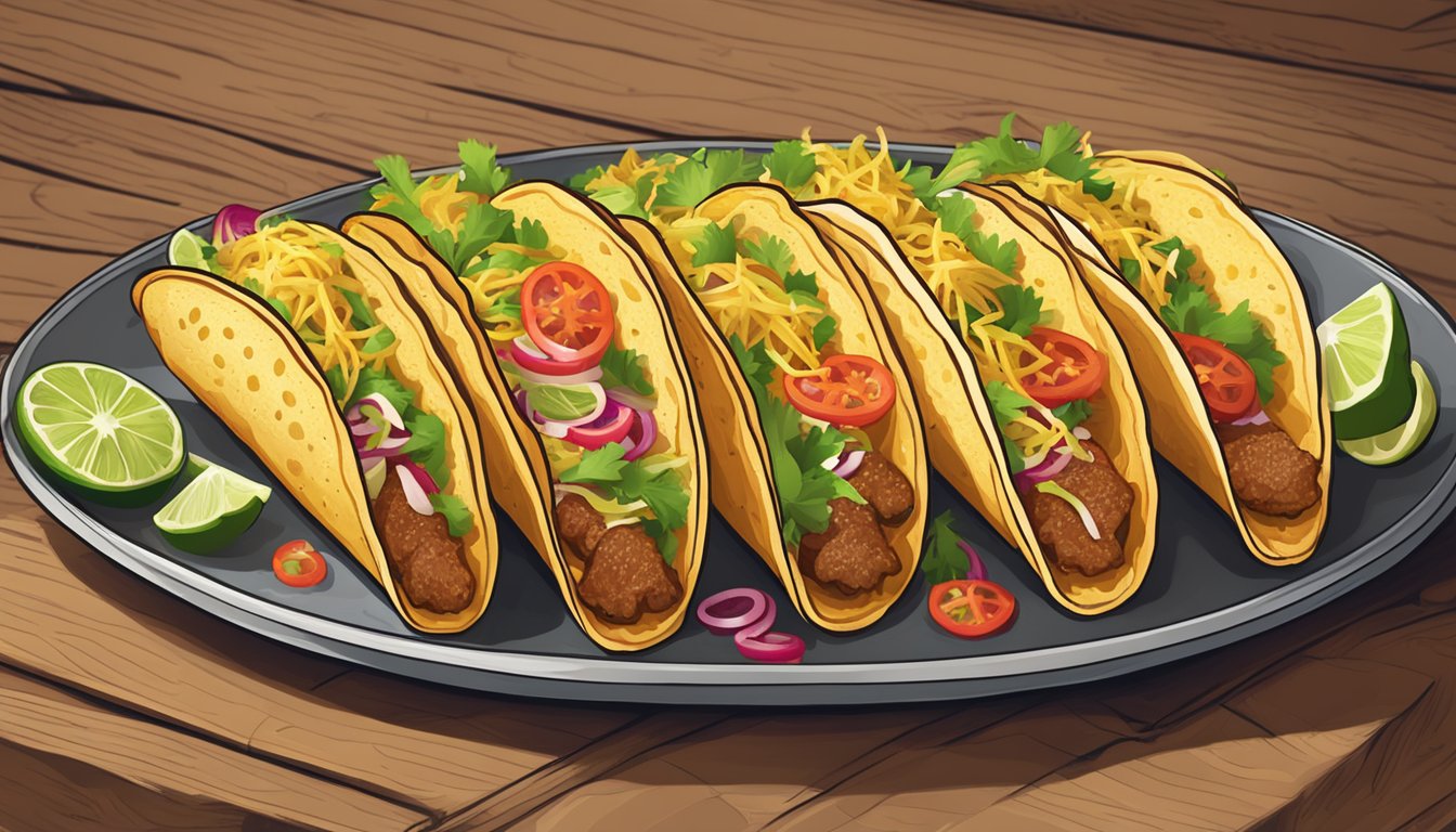 A platter of golden puffy tacos, filled with savory meats and vibrant toppings, is artfully arranged on a rustic wooden table