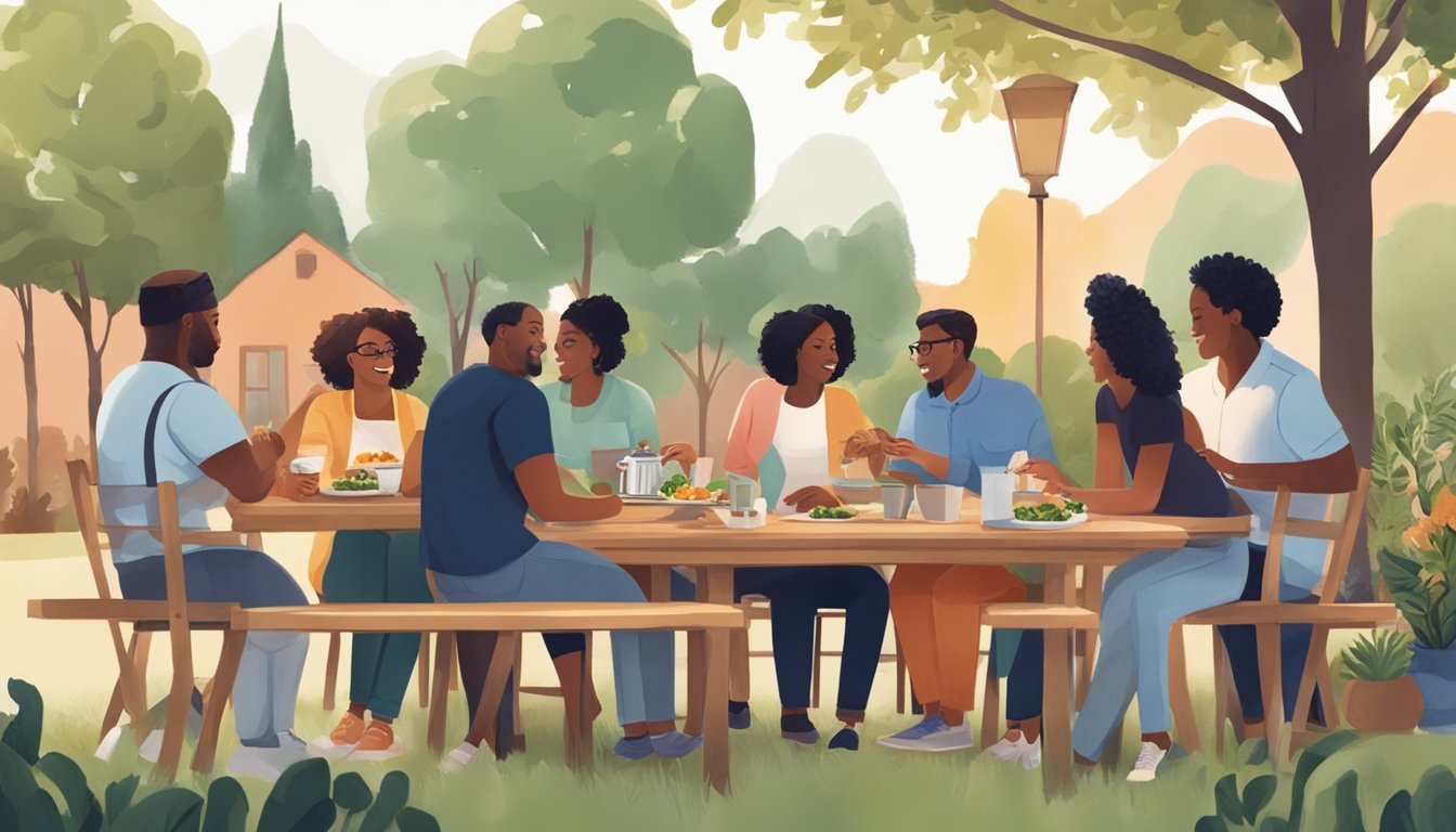 A group of diverse individuals gather around a table, sharing food and conversation in a welcoming outdoor setting