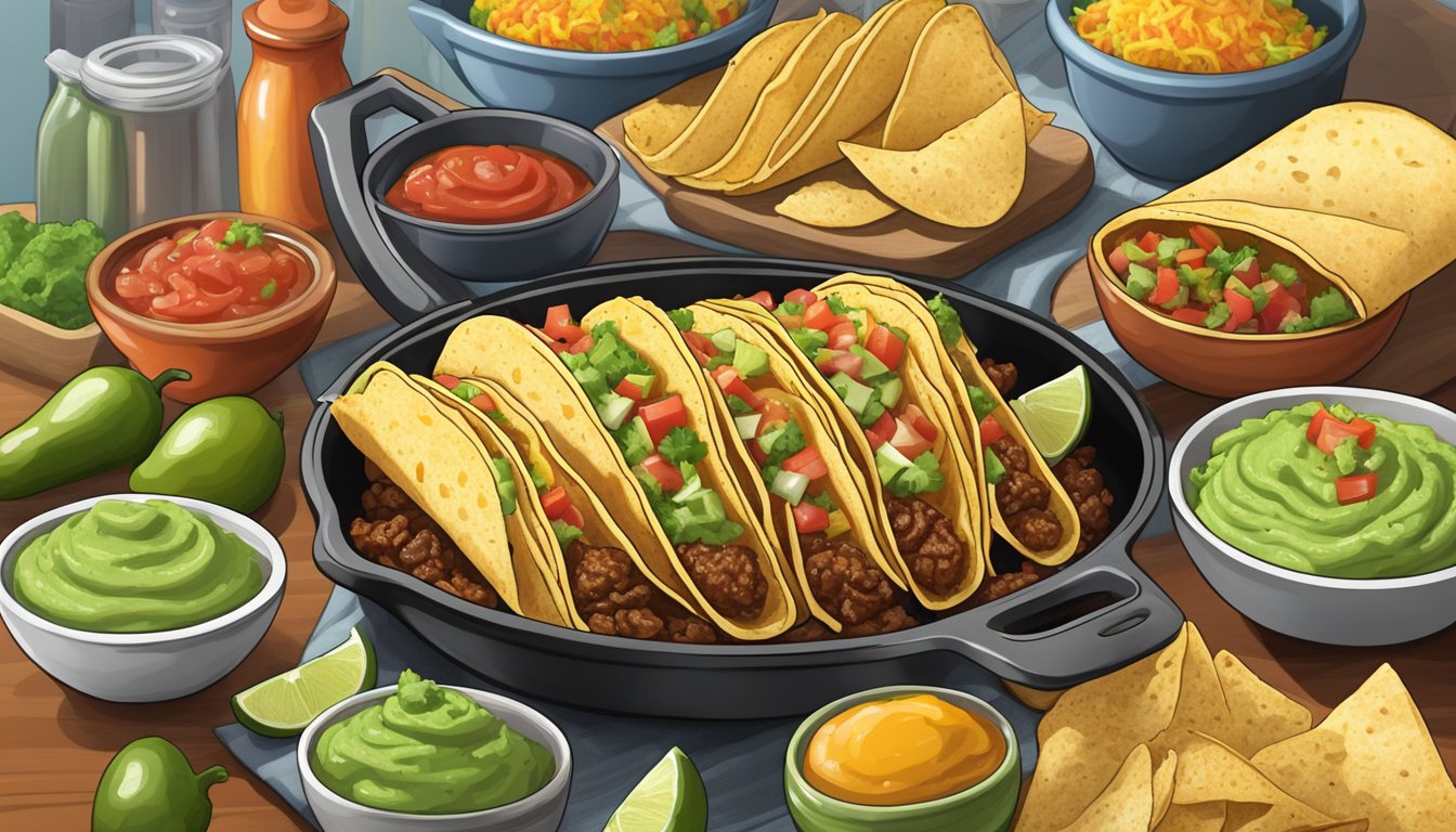 A sizzling skillet of puffy tacos being filled with a variety of ingredients, surrounded by bowls of fresh salsa and guacamole