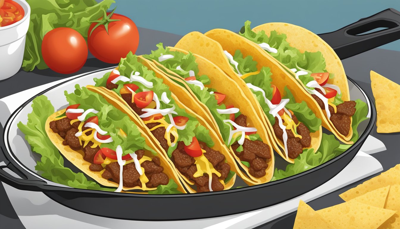 A sizzling skillet of puffy tacos being filled with seasoned meat and topped with fresh lettuce, tomatoes, and shredded cheese