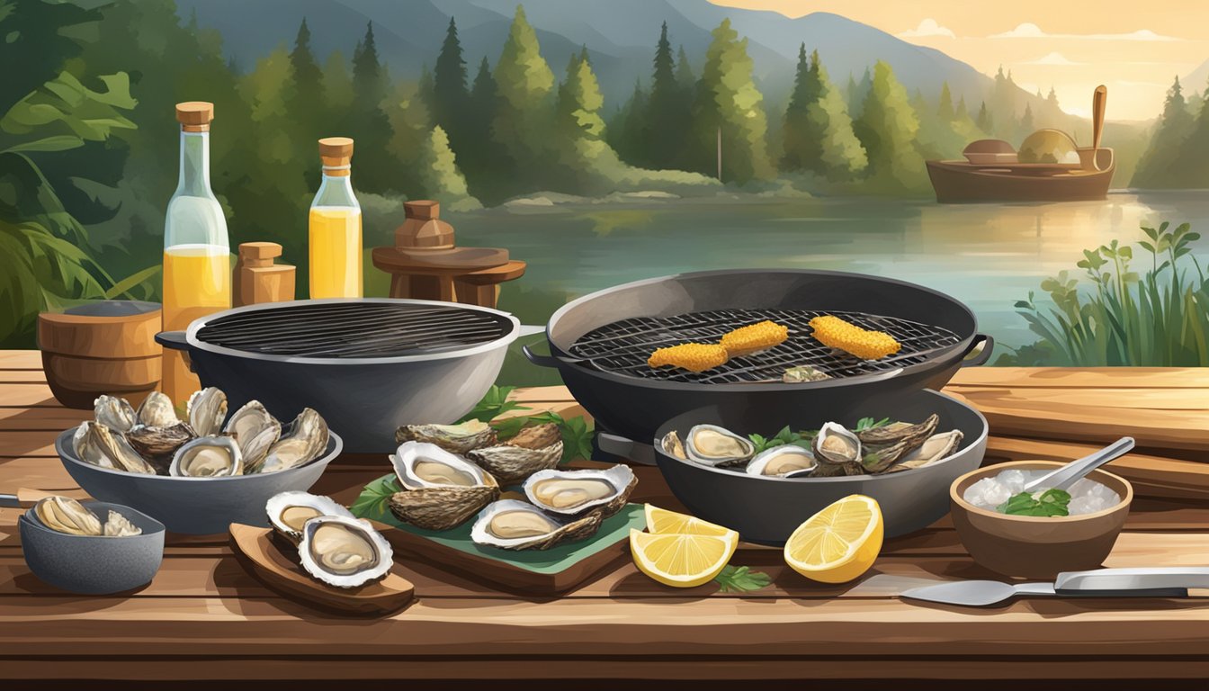 A rustic wooden table with a variety of grilling tools, fresh oysters, and a bowl of seasoning, set against a backdrop of a lush outdoor grilling area