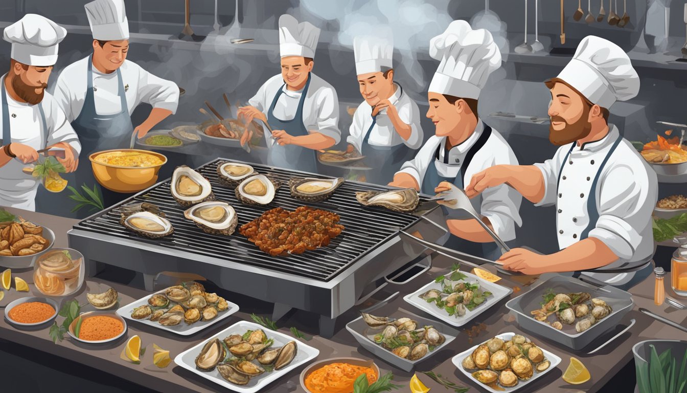 A grill with sizzling oysters surrounded by various spices and flavorings, with chefs and grillmasters sharing tips in the background