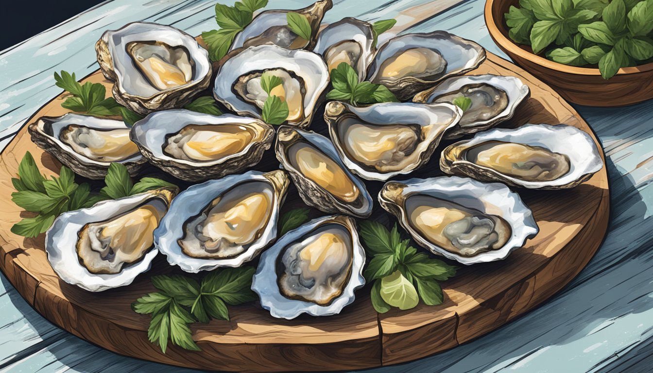 A rustic wooden table adorned with perfectly grilled Texas oysters, garnished with fresh herbs and served on a bed of ice