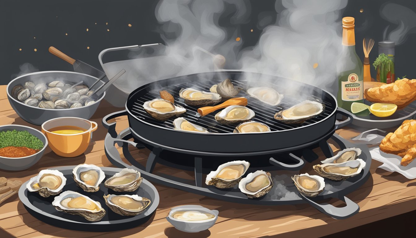 A grill sizzling with plump Texas oysters, surrounded by various grilling tools and seasonings. Smoke rises as the shellfish cook to perfection