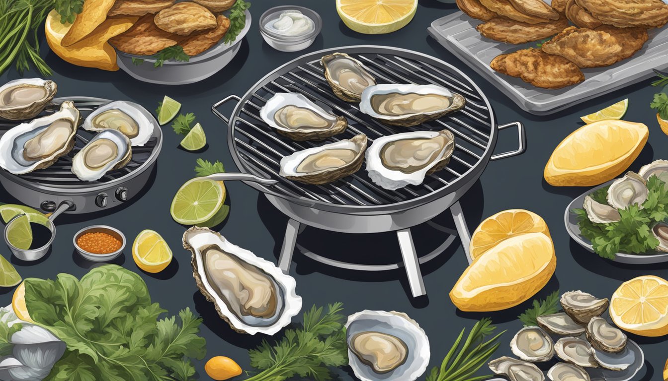 A grill sizzling with Texas oysters, surrounded by fresh, sustainable ingredients and safety equipment