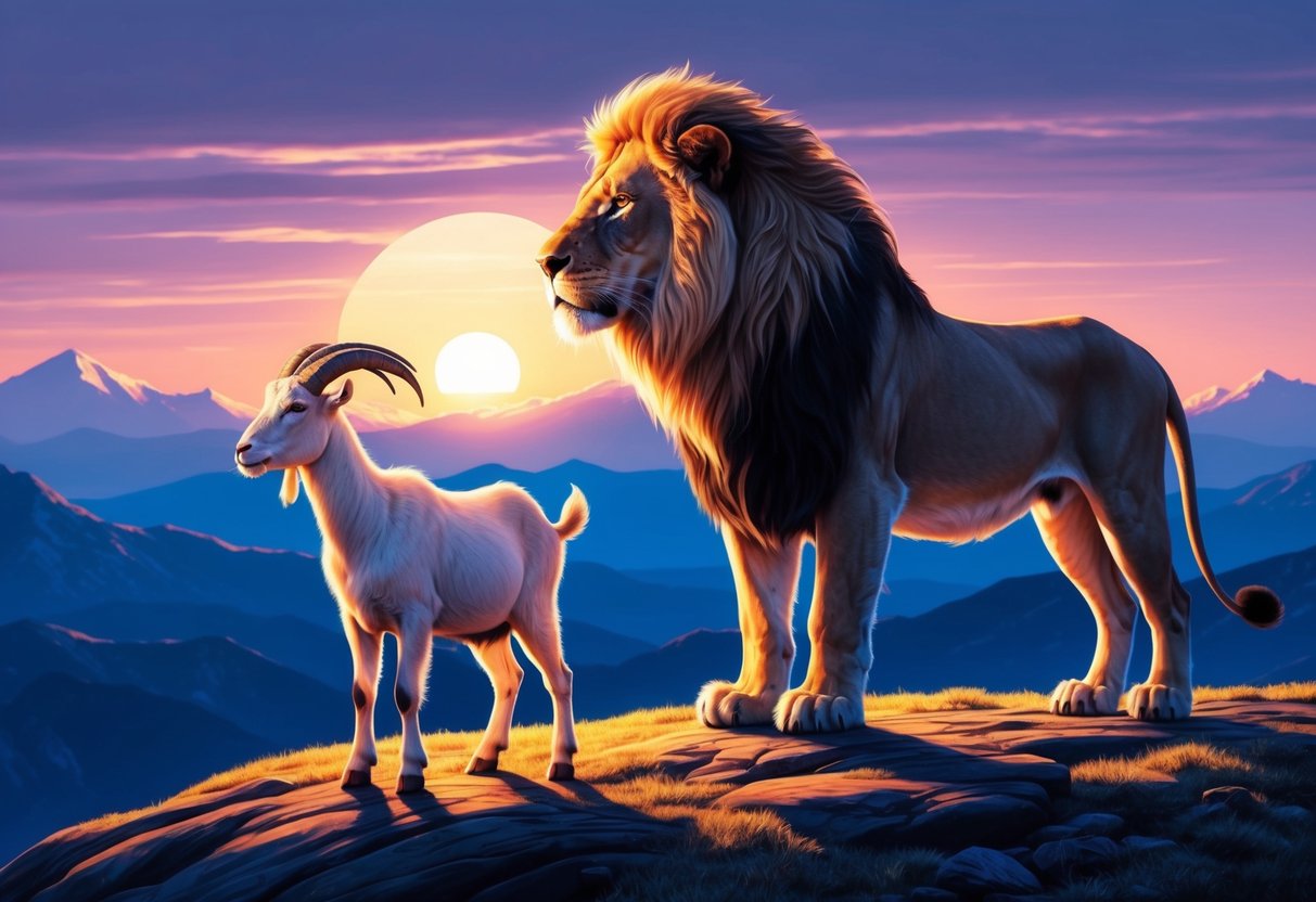 A lion and a goat stand together on a mountain peak, gazing out at the world below. The sun sets behind them, casting a warm glow over the landscape