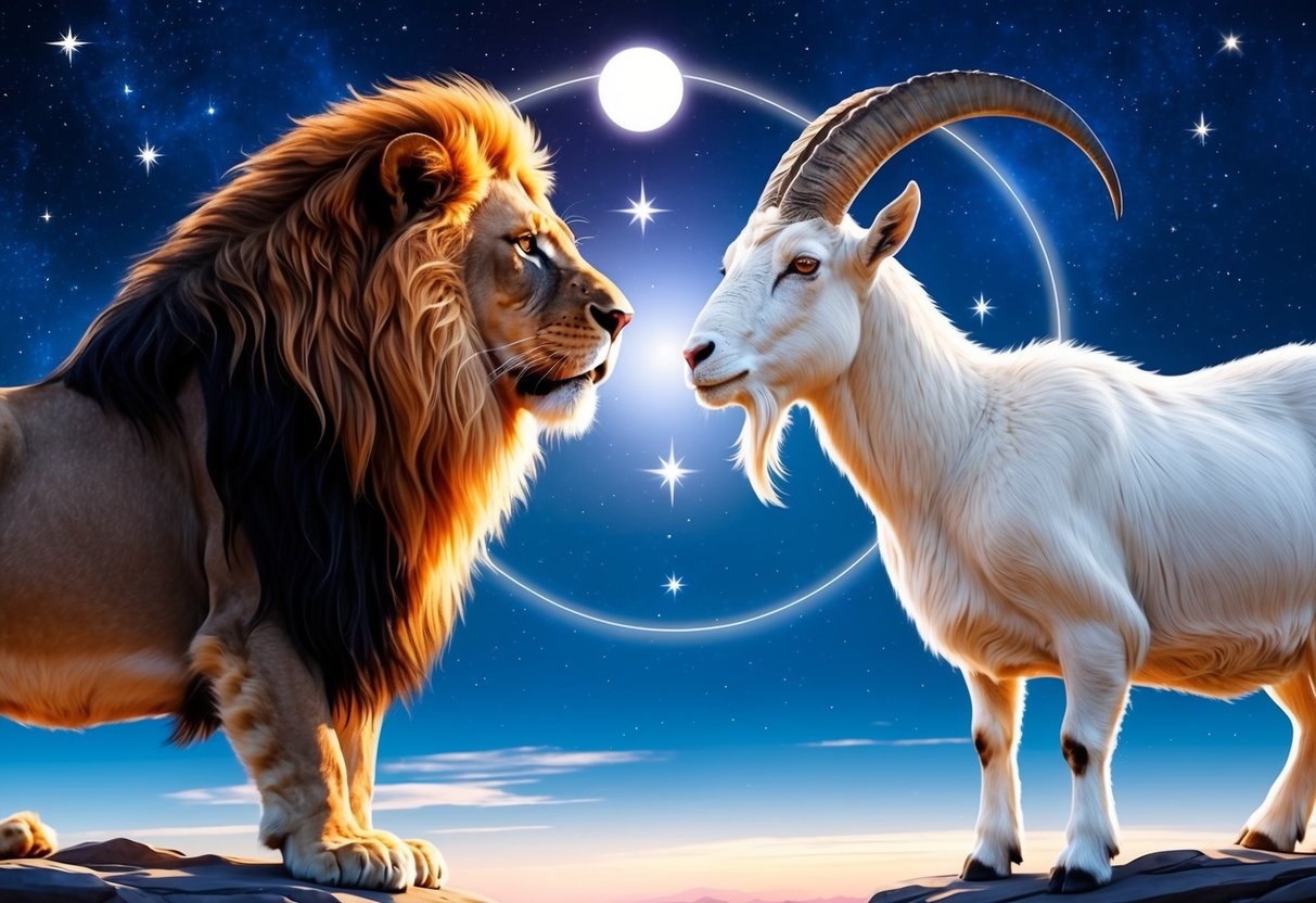 A lion and a goat stand face to face, representing the clash and harmony of Leo and Capricorn in a celestial backdrop