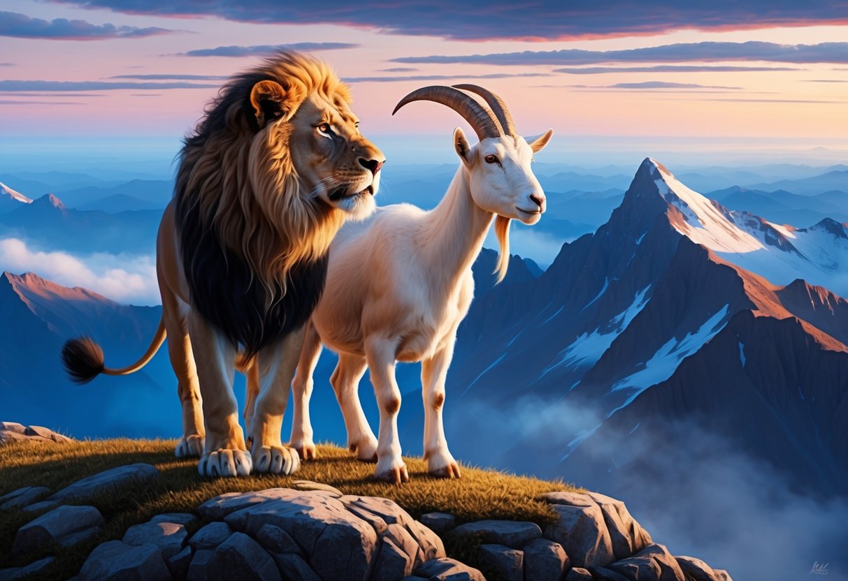 A lion and a goat standing together on a mountain peak, gazing out at the horizon with determination and ambition in their eyes