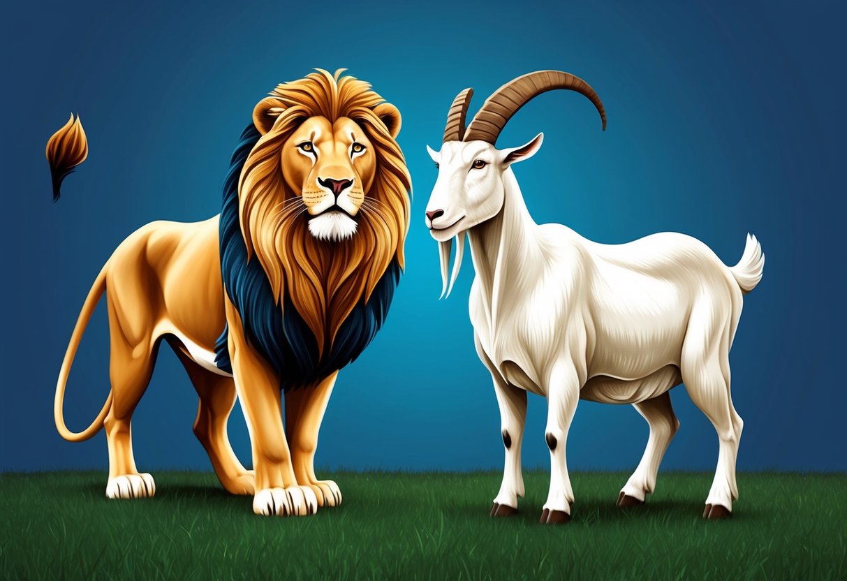 A regal lion and a stoic goat stand together, symbolizing the compatibility between Leo and Capricorn in their social dynamics and lifestyle