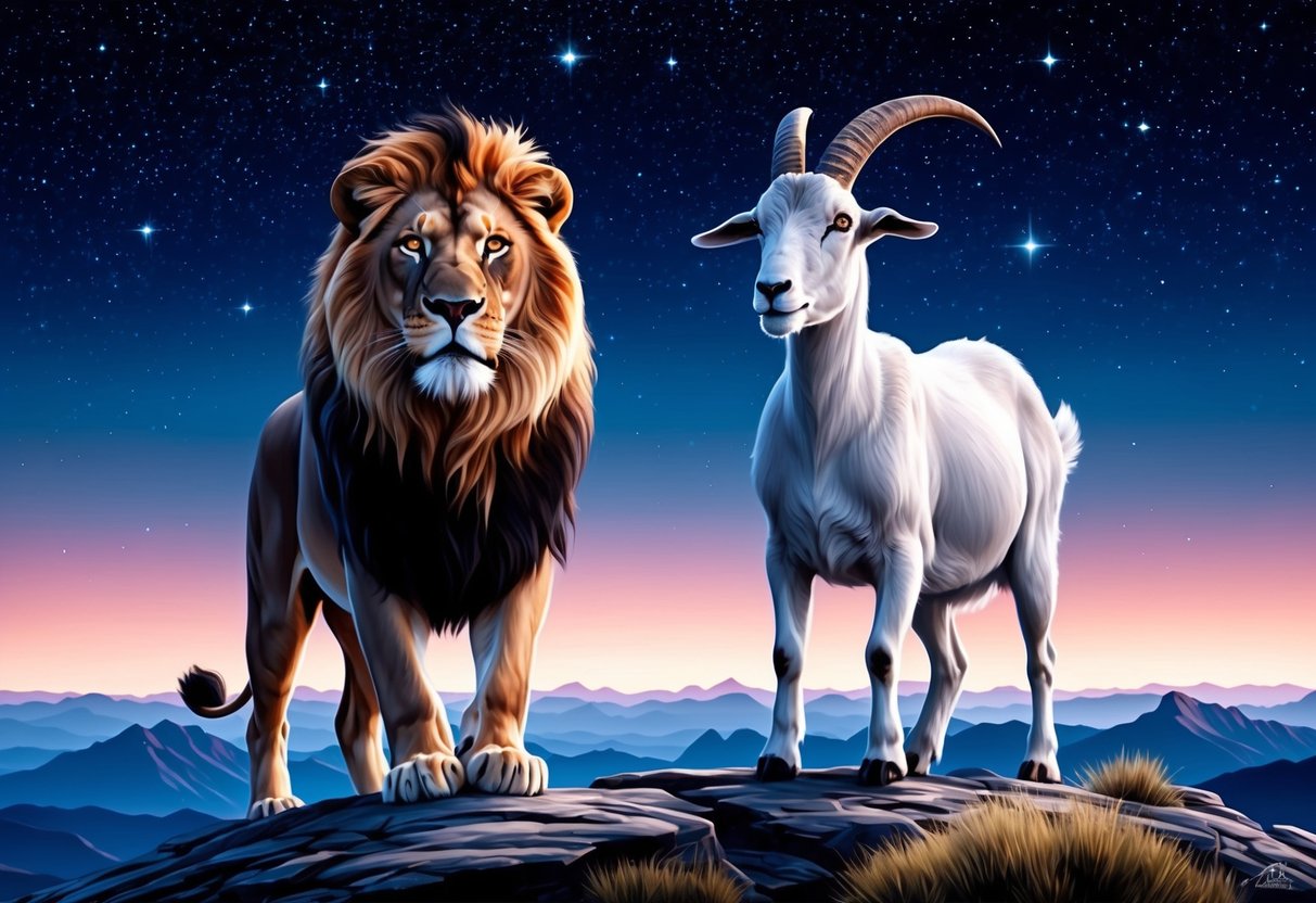 A lion and a goat stand proudly on a mountaintop, their eyes locked in a powerful gaze under the starry night sky