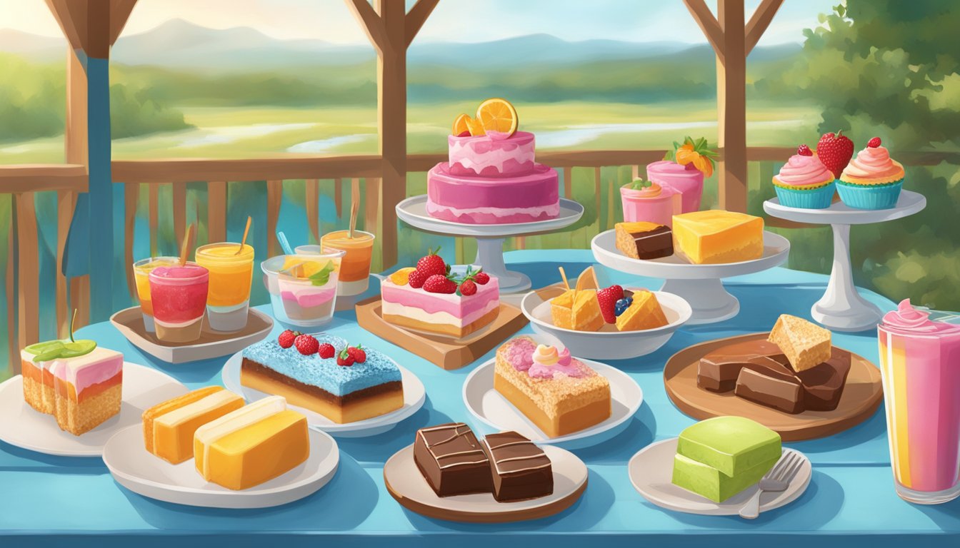 A colorful spread of Texan summer desserts and frozen treats displayed on a table in a scenic outdoor setting