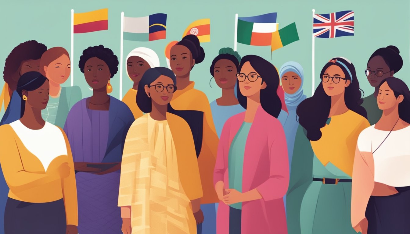 A diverse group of women from different cultures and backgrounds coming together to celebrate International Women's Day with flags and symbols representing their respective countries