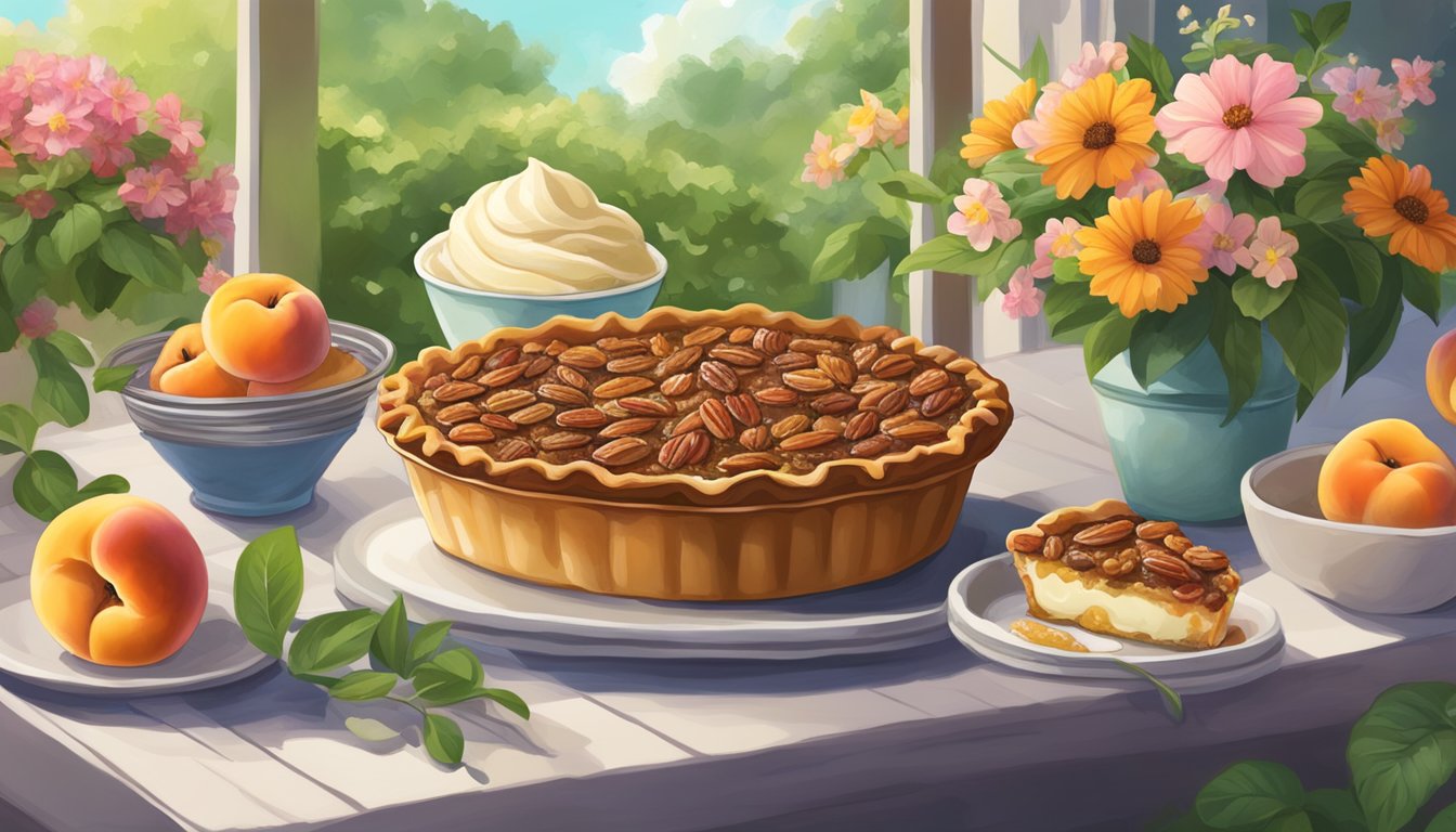 A table overflowing with pecan pie, peach cobbler, and homemade ice cream, surrounded by lush greenery and vibrant summer flowers