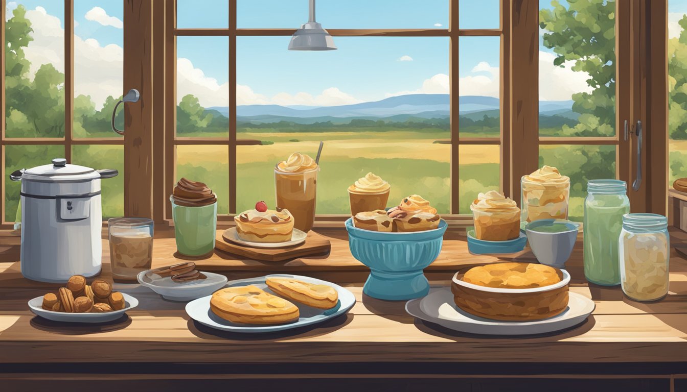 A rustic kitchen with a window view of a Texan summer landscape, featuring a table spread with freshly baked desserts and frozen treats