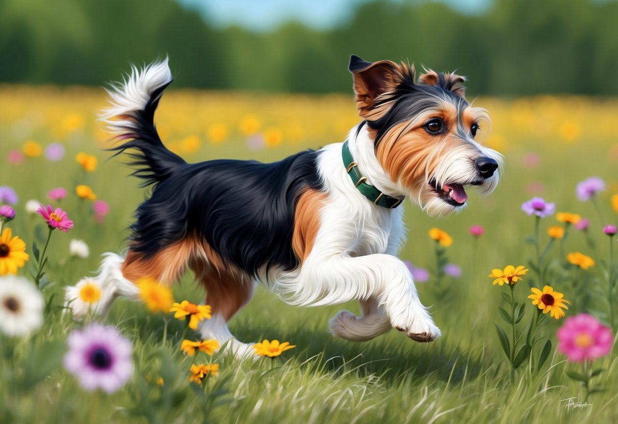 A Tibetan Terrier dog running through a field of wildflowers on a sunny day