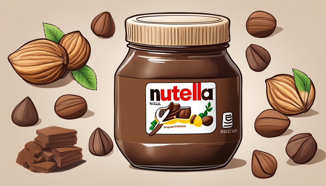 A jar of Nutella surrounded by hazelnuts and cocoa beans, with a timeline of key historical events related to the creation and popularity of the beloved chocolate spread