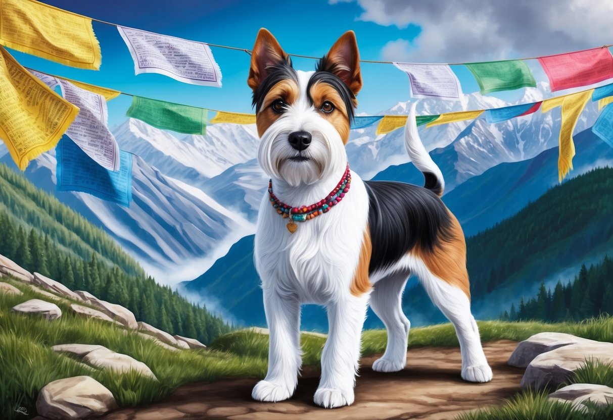 A Tibetan Terrier stands proudly in front of a mountainous landscape, with prayer flags fluttering in the wind