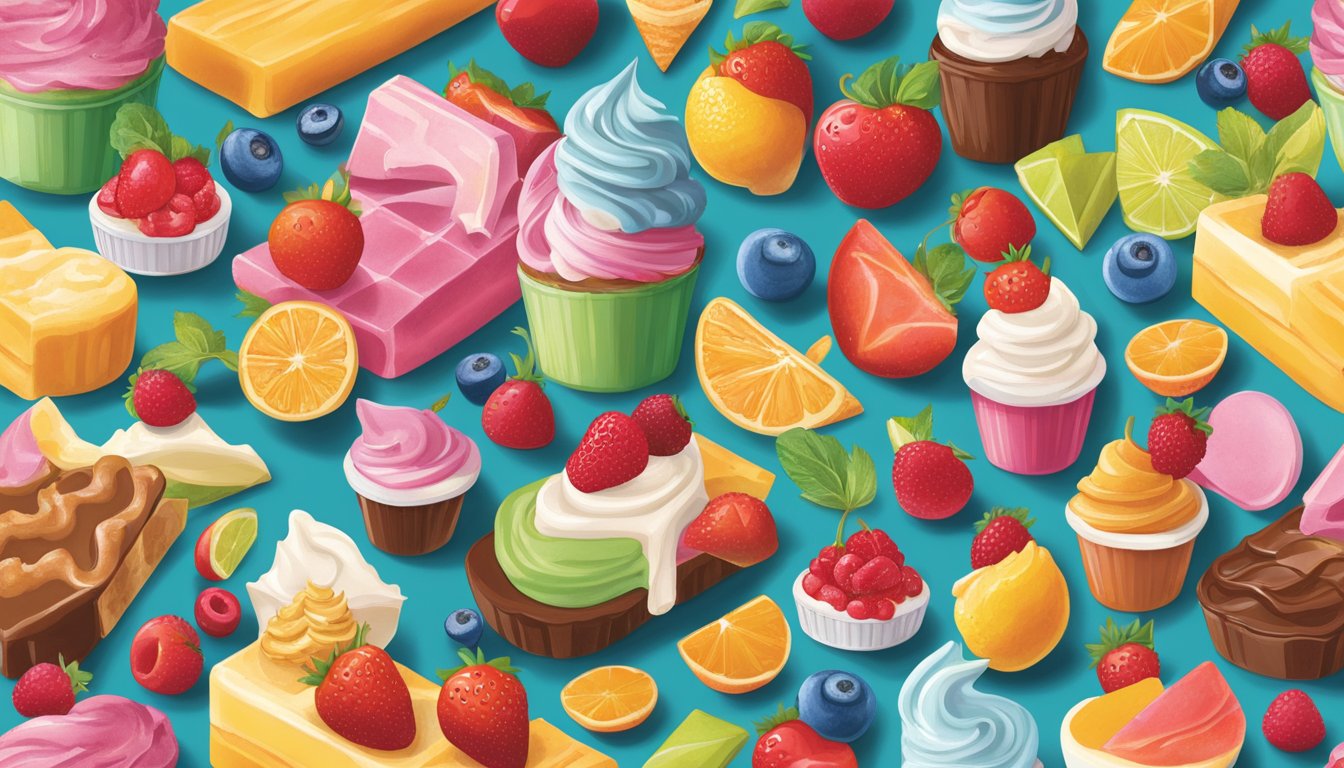 A colorful spread of Texas summer desserts and frozen treats, featuring vibrant ingredients and rich, indulgent flavors