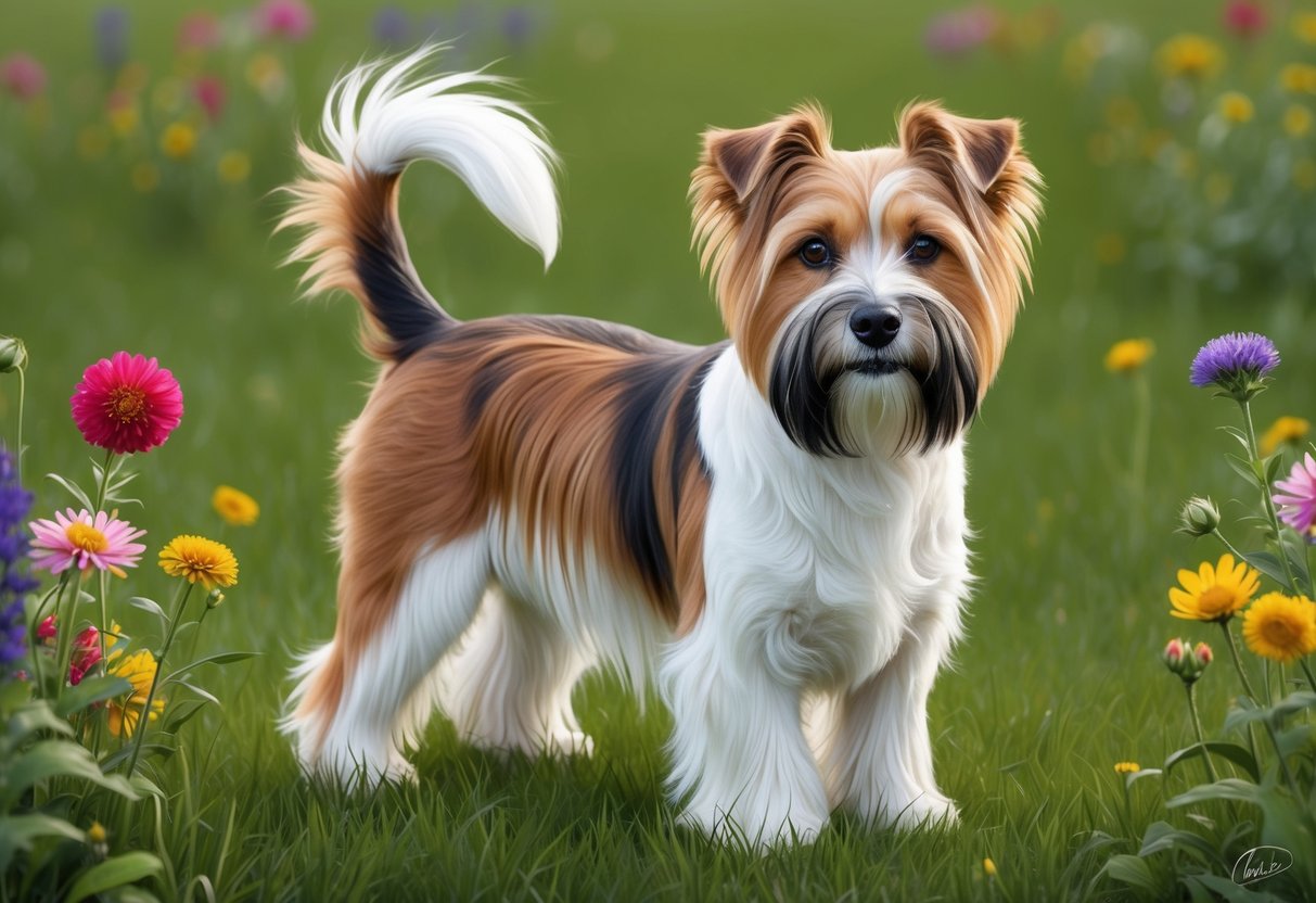 A Tibetan Terrier dog with a medium-length double coat, bushy tail, and a distinctive beard stands proudly in a grassy field, surrounded by colorful wildflowers