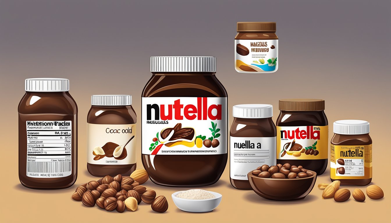 A jar of Nutella surrounded by a variety of ingredients such as hazelnuts, cocoa, and palm oil, with a spotlight on the nutrition label