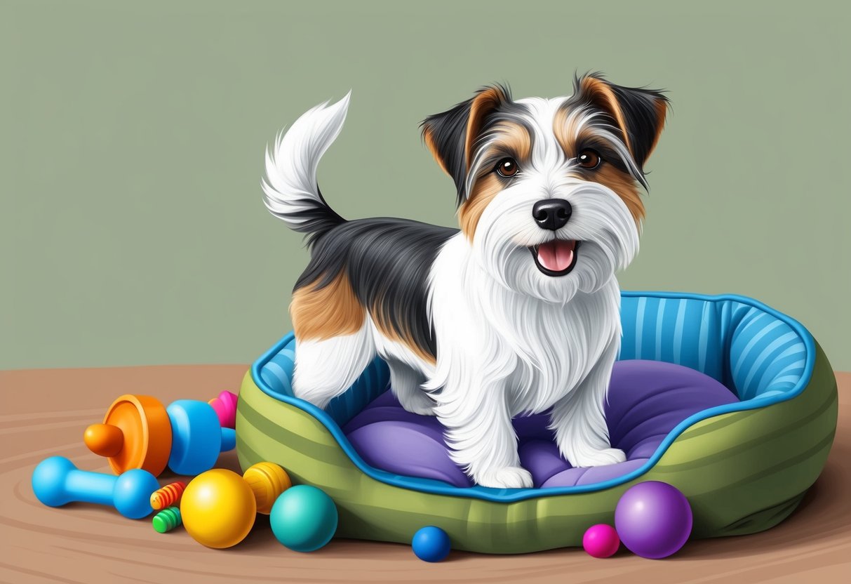 A Tibetan Terrier dog wagging its tail, with a playful and friendly expression, surrounded by colorful toys and a cozy bed