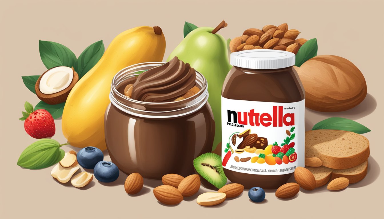 A jar of Nutella surrounded by various healthy ingredients like nuts, fruits, and whole grain bread