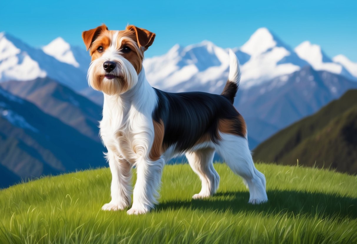 A Tibetan Terrier dog standing proudly on a grassy hill, with a backdrop of snow-capped mountains and a clear blue sky