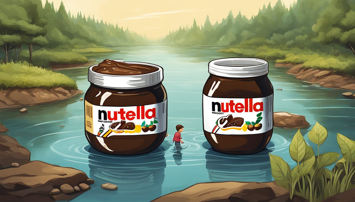 A jar of Nutella surrounded by deforested land, polluted water, and unhealthy children