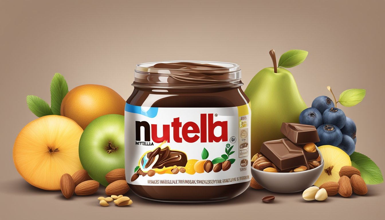 A jar of Nutella surrounded by various fruits and nuts, with a spotlight highlighting the "healthier chocolate spread" label