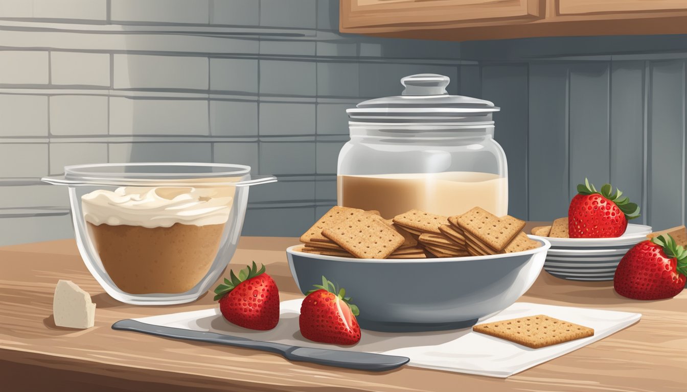 A rustic kitchen counter with fresh strawberries, cream cheese, graham crackers, and a mixing bowl