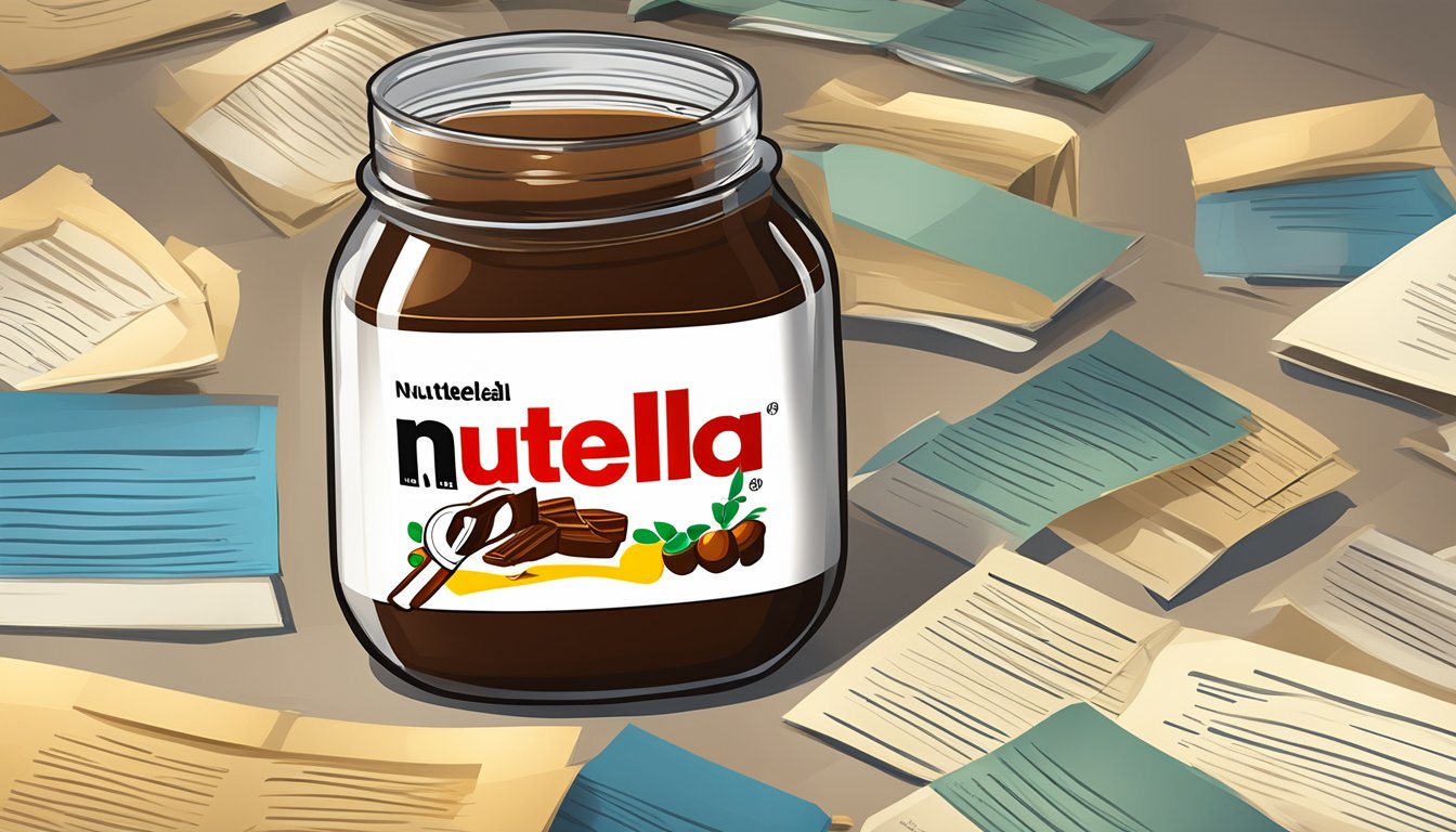 A jar of Nutella surrounded by various legal and certification documents, with a spotlight shining on the label